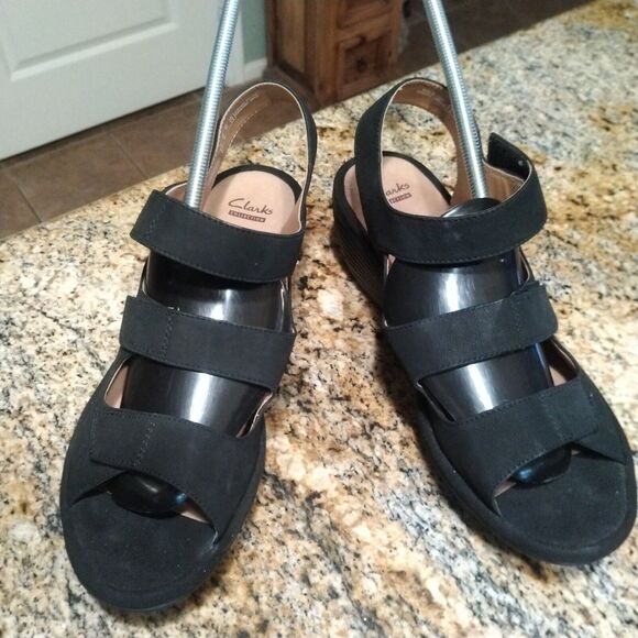 Clarks Collection Soft Cushion Reedly Juno Wedge Heel Sandals Black Women's 9.5W - Picture 3 of 12